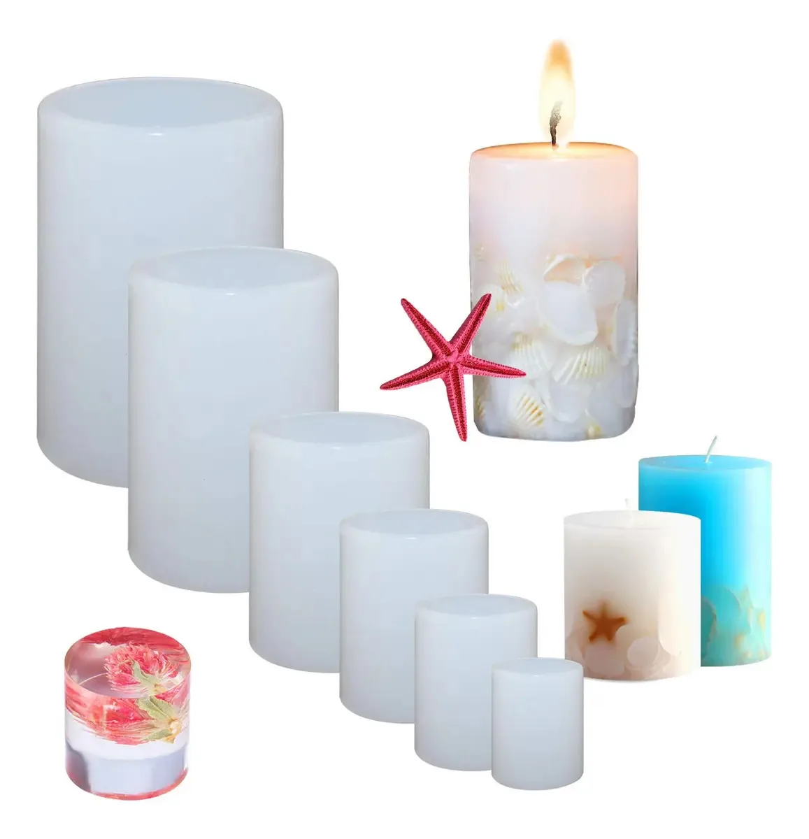 6 moldes cilíndricos de silicone para velas de pilar, moldes de silicone, moldes de fundição de resina, moldes de argila para bricolage