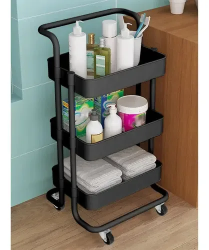 Rack de armazenamento de móveis Trolley Organizer, 3 camadas, cor preta
