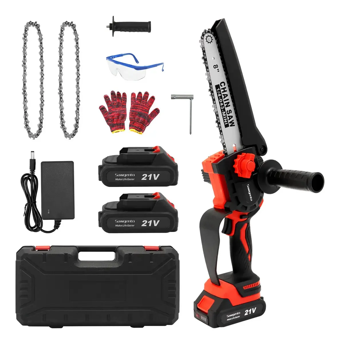 Motosserra sem fio profissional e portátil. Inclui corrente de motosserra de reposição, bateria recarregável e lubrificante. Perfeito para cortar madeira, podar e fazer bricolage.