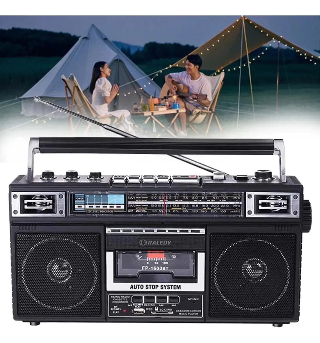 Boombox portátil retrô Hixswnu com toca-fitas Bluetooth: rádio e gravador AM/FM/SW1/SW2, alto-falante, fone de ouvido, entrada SD/USB