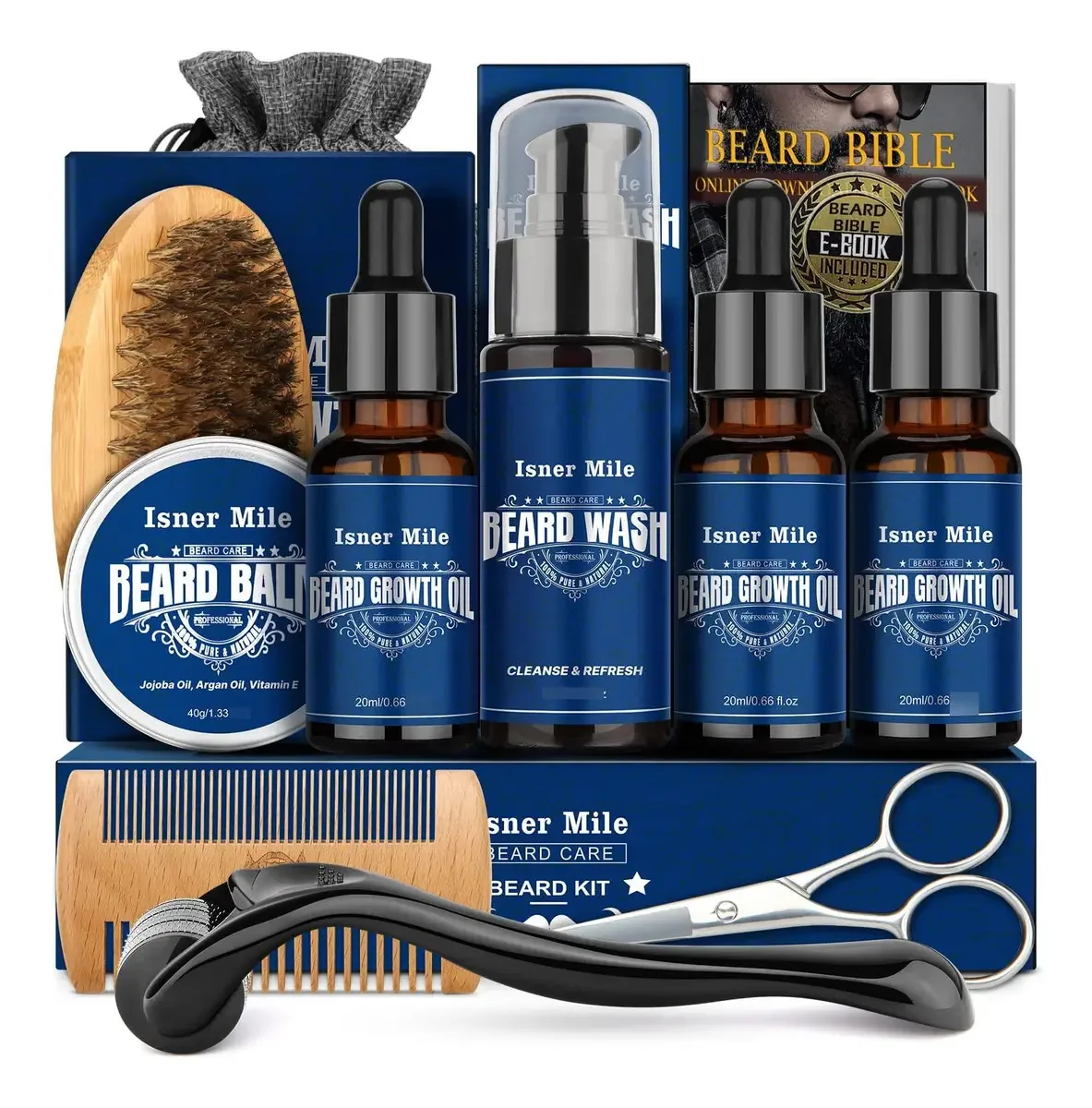 Kit de crescimento de barba Kit de barba com rolo de barba, óleo para crescimento de barba (pacote com 2), sabonete para barba, bálsamo para barba, escova de barba, pente, tesoura de barbear, bolsa