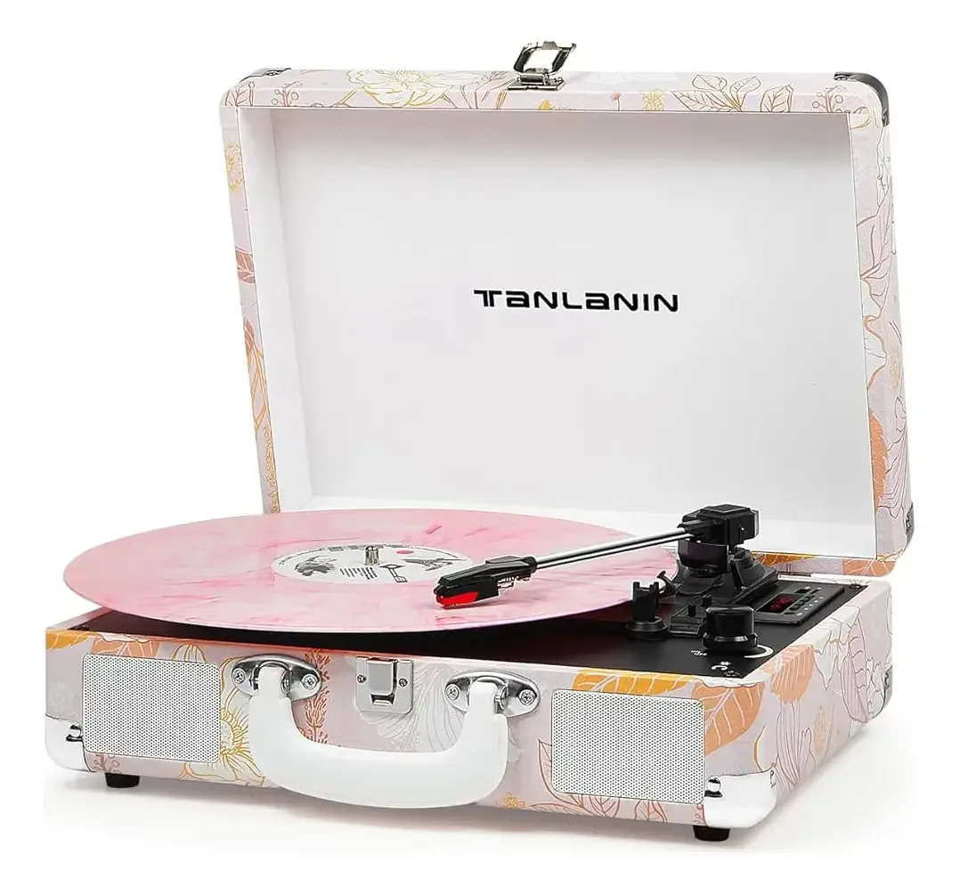 Toca-discos de vinil portátil, 3 velocidades, USB, Bluetooth, cor lavanda