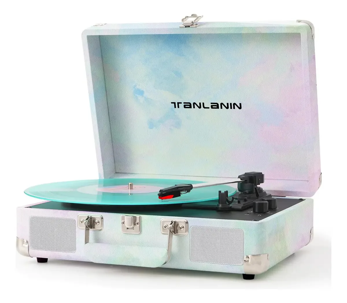 Toca-discos de vinil portátil vintage com controle de graves