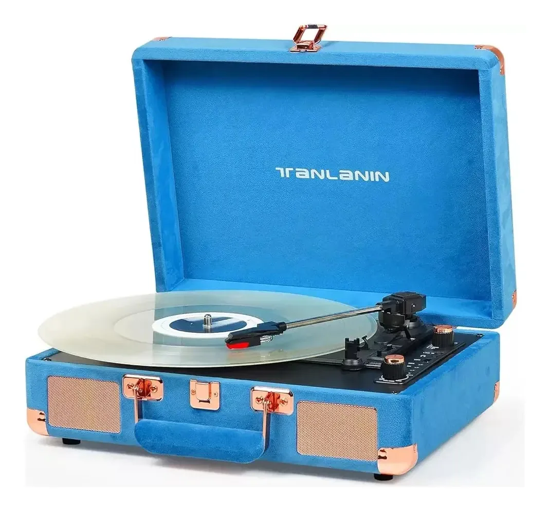 Toca-discos de vinil portátil, 3 velocidades, USB, Bluetooth, cor, azul, aço