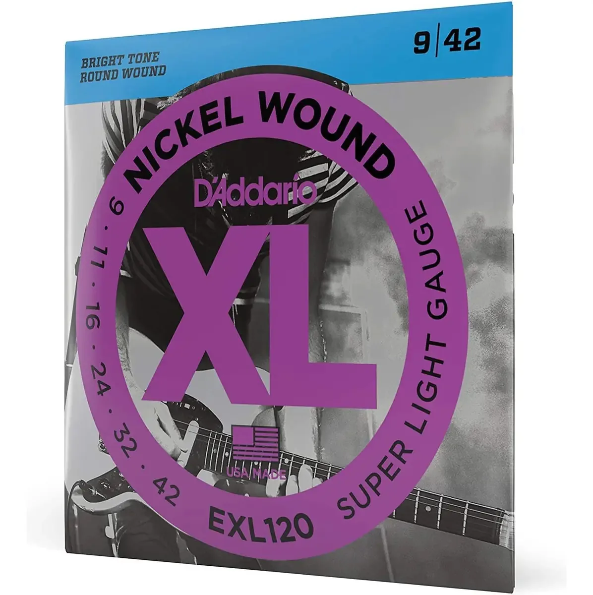 D'addario | Xl | Cordas de guitarra elétrica | 6 cordas | Calibre super leve, 09-42 | Bobinado em níquel | Exl120 | Som poderoso e longa sustentação