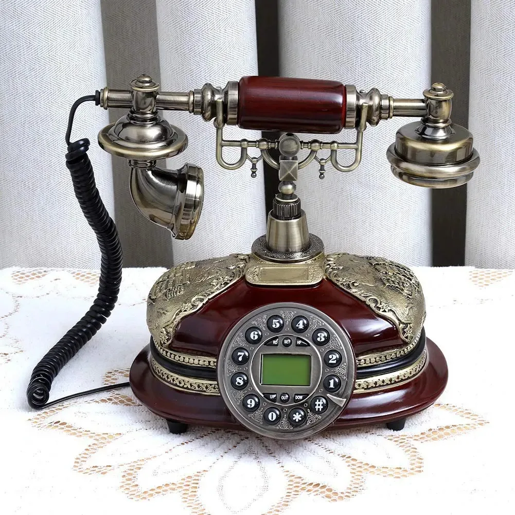 Telefone antigo, telefone fixo digital clássico, telefone clássico retrô europeu, telefone fixo com fio com fones de ouvido pendurados para casa, hotel, decoração de escritório