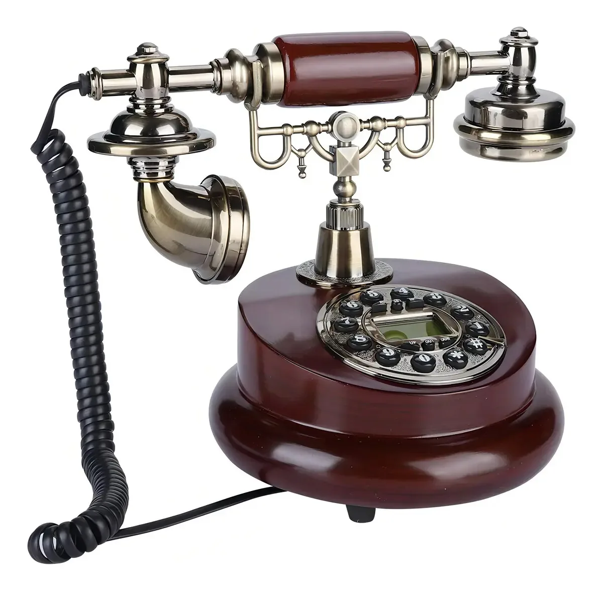Telefone europeu vintage com cabo e fones de ouvido suspensos P