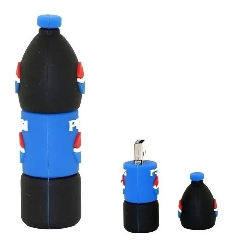 Pen Drive em forma de garrafa/refrigerante preto e azul