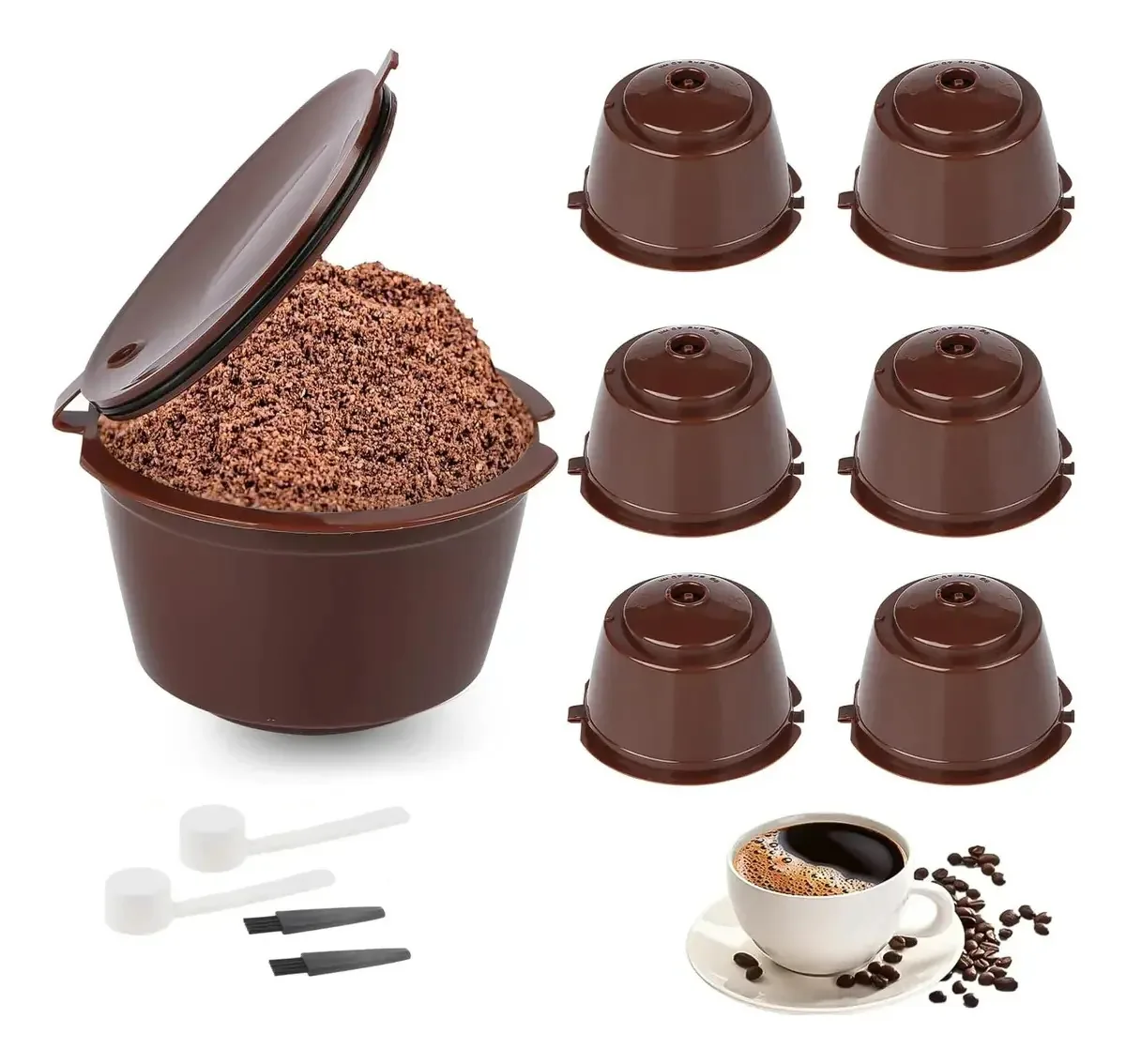 6 cápsulas de café reutilizáveis, filtros de café reutilizáveis com colher e pincel, filtros de café de reposição compatíveis com Dolce, cápsulas de café de reposição domésticas