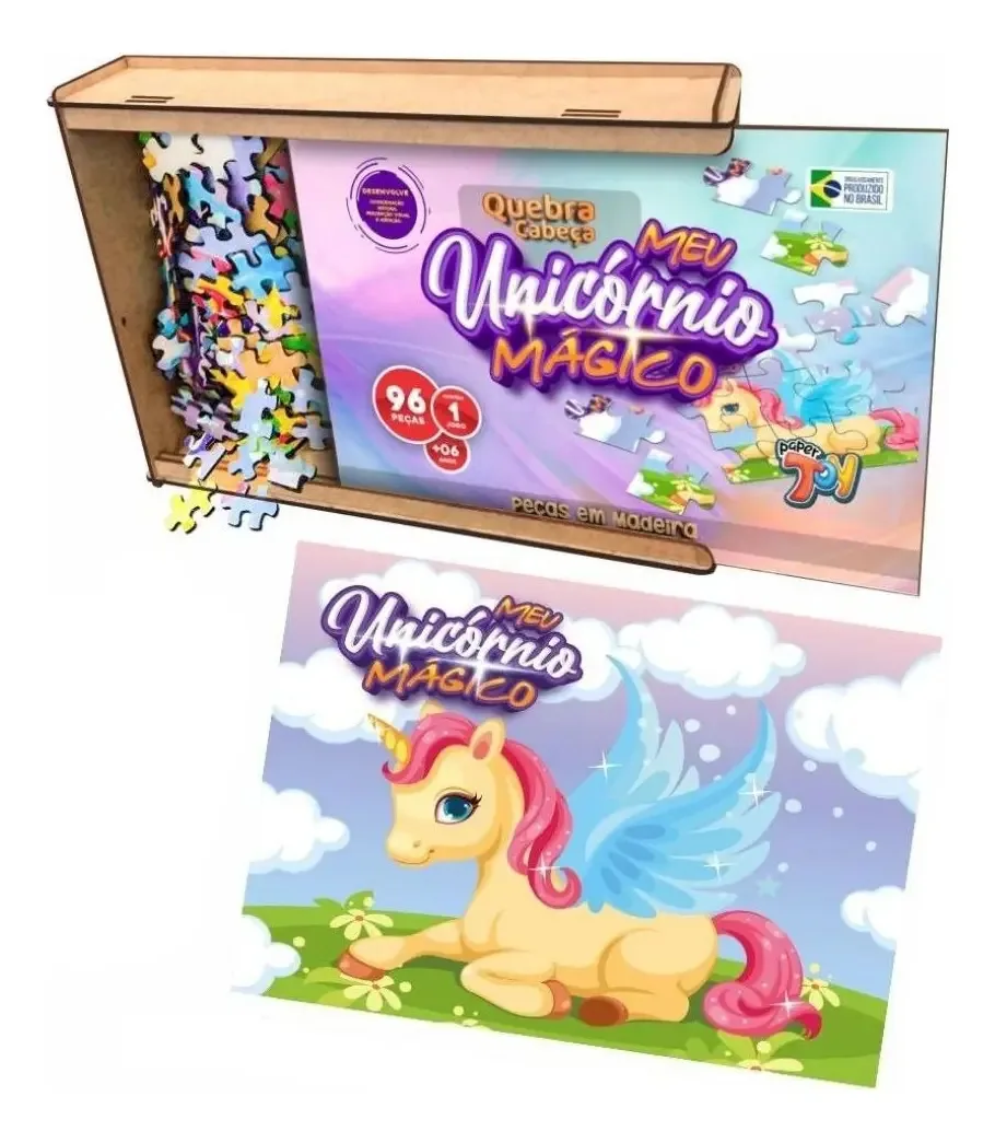 Quebra Cabeça Infantil Peças Mdf Unicornio Mágico 96 Peças