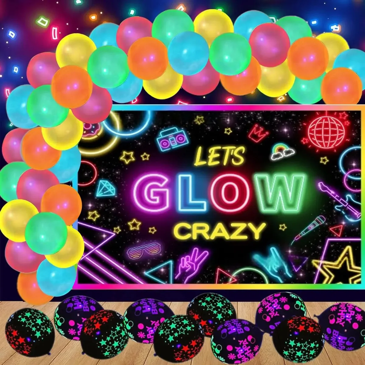 55 peças de decorações de balões fluorescentes de festa de néon