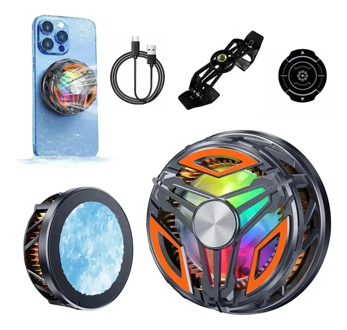 Refrigerador de celular Dor RGB Cooler Magnetic Gamer para dispositivos móveis, dissipador de calor portátil, resfriamento silencioso e rápido com luzes LED, inclui suporte e cabo USB compatível...