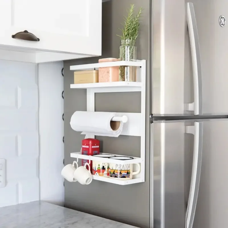 Organizador de prateleiras com ímã, ideal para a cozinha! Cor: branco
