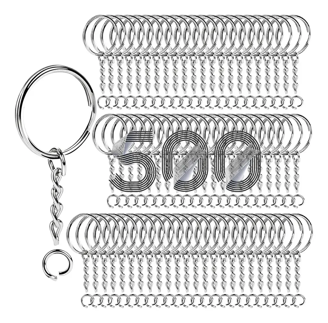 500 peças de chaveiros prateados planos e lisos, ferragens, chaveiros com corrente e anéis abertos, chaveiro com anel de salto aberto, artesanato de bricolage, chaveiro, joalheria e acessórios