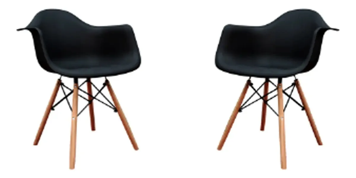 Conjunto de 2 cadeiras de jantar Eames com apoios de braços, estrutura de cadeira retrô moderna, assento de plástico preto