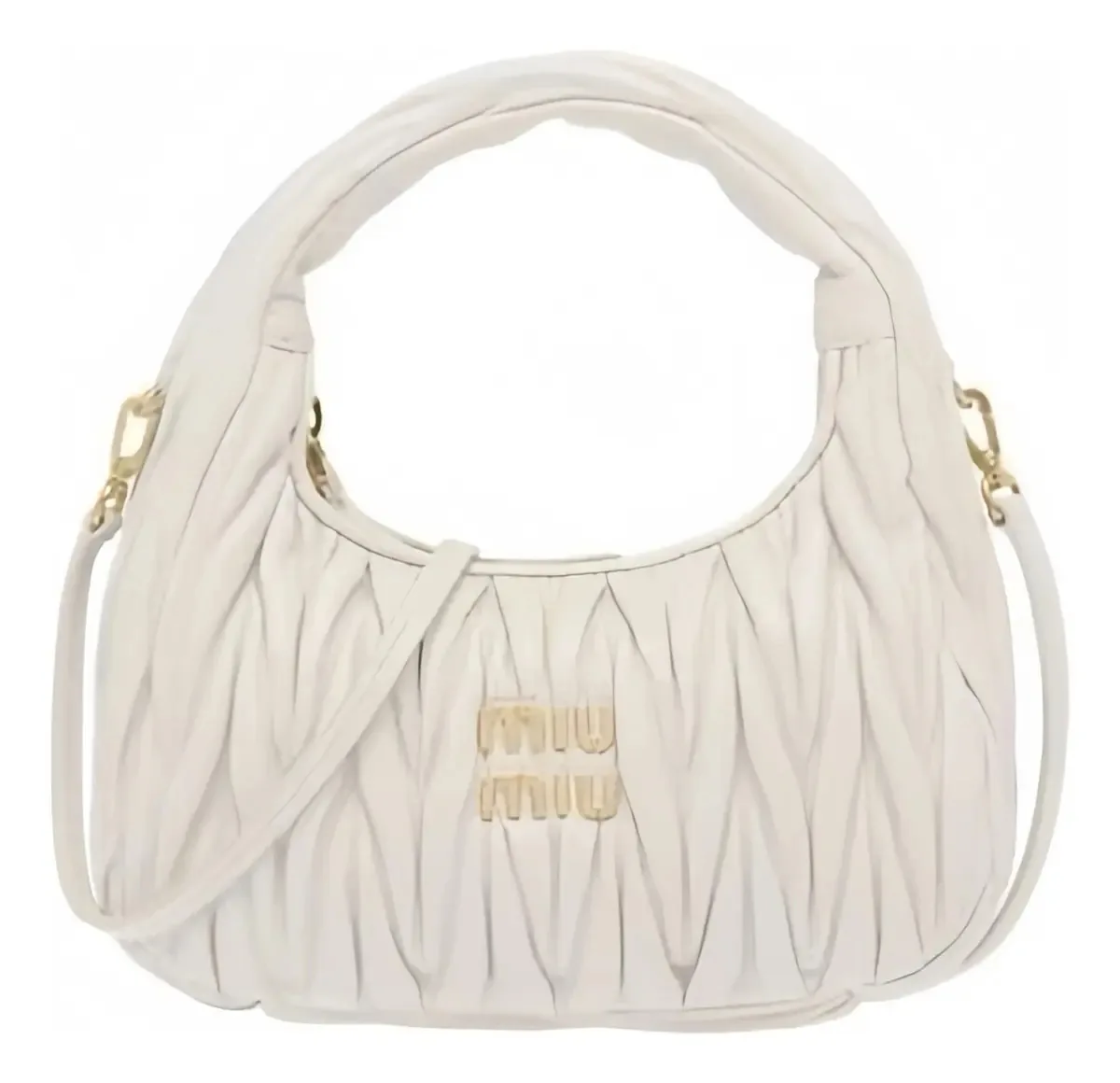 Bolsa Redonda Feminina Maya Miu de Couro Branco com Ferragens Ouro e Listras
