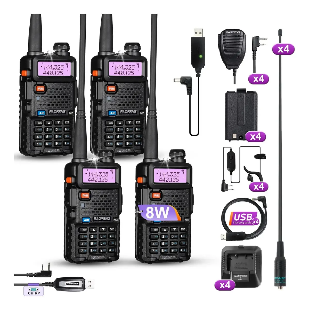 Baofeng UV-5r - Rádio amador UV5r de banda dupla de 8 W de longo alcance, rádio bidirecional com 4 alto-falantes portáteis e 4 unidades de antena 771 e 4 pacotes de cabo de programação Bf UV5r
