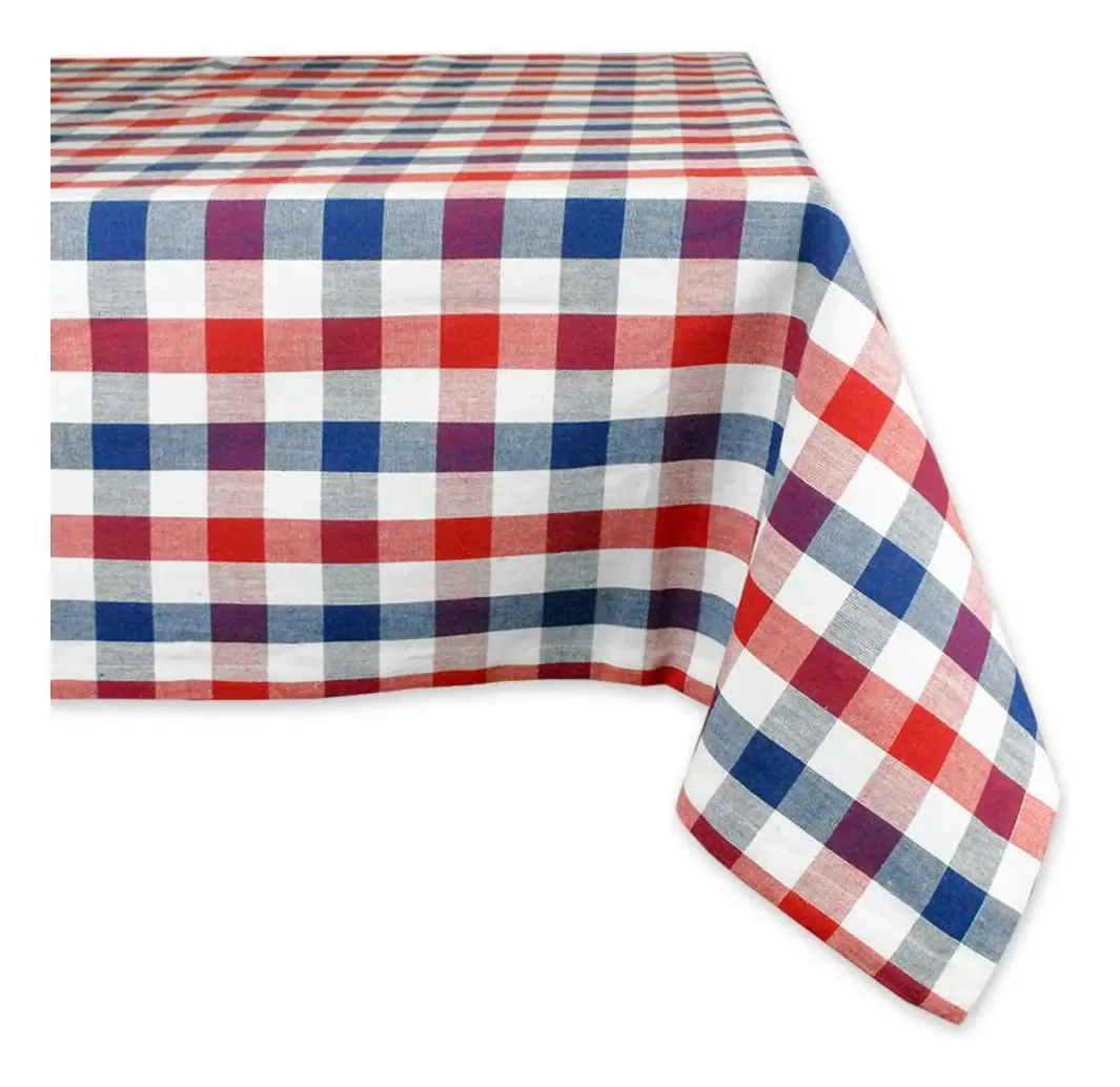 Toalha de mesa Dii 100% algodão lavável à máquina para jantar em quadrados vermelhos, brancos e azuis