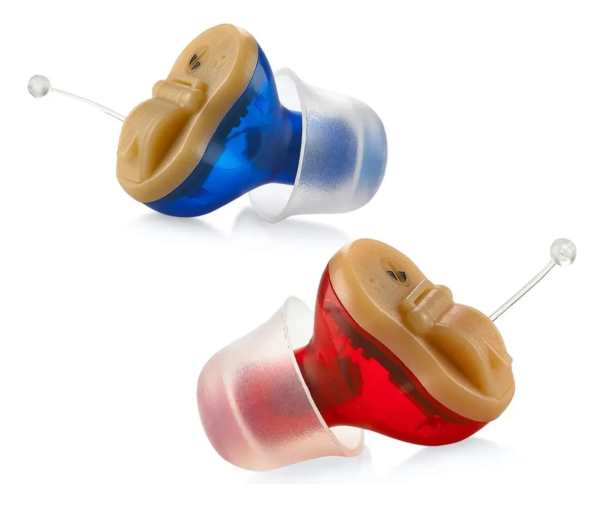 Aparelhos auditivos digitais premium para idosos, conjunto D. vermelho e azul