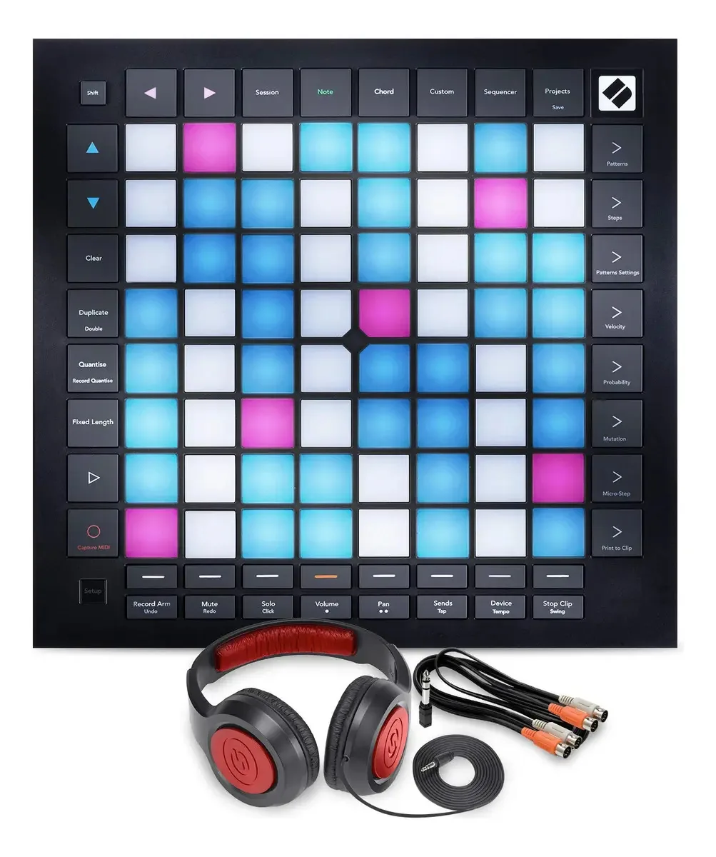 Almofadas de ouvido retroiluminadas Novation Launchpad Pro Mk3 Midi Driver Production and Performance Grid Instrument/Ableton Live 8x8 Grid 64 com pacote básico Samson Sr360 Pro
