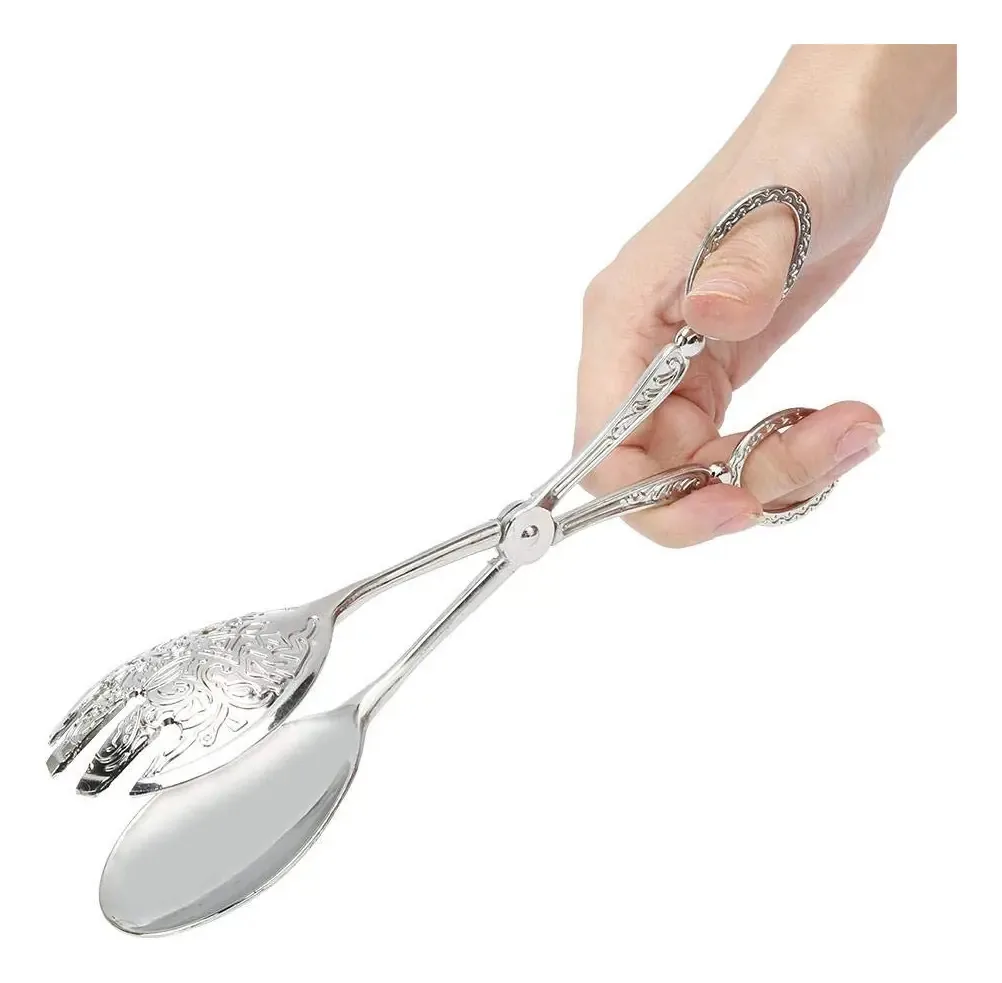 Pinças de servir buffet: 9 pinças para cozinha, pinças de comida, bronze bronzeado, prata, lanches de metal real, pinças de salada esculpidas, pinças de bolo, pinças de pão (prata)