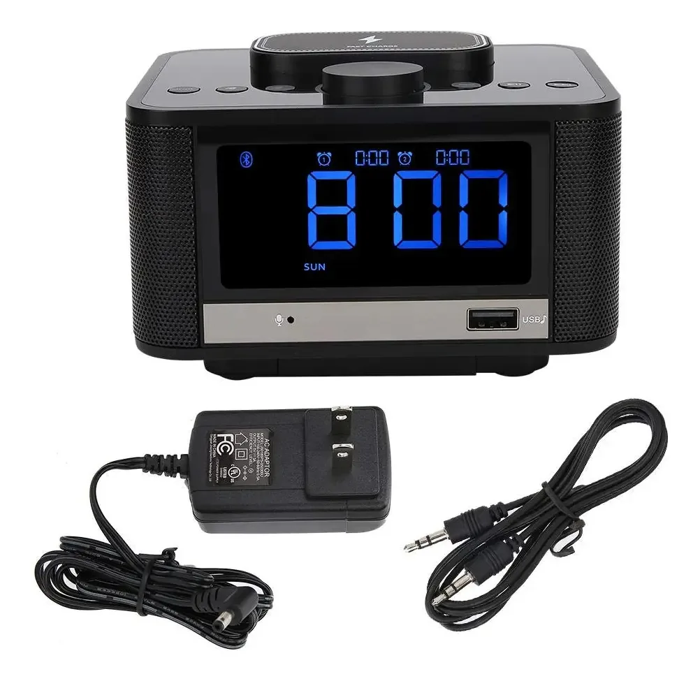 Despertador de rádio com alto-falante Bluetooth e rádio FM Despertador digital de carregamento sem fio com porta USB (preto)