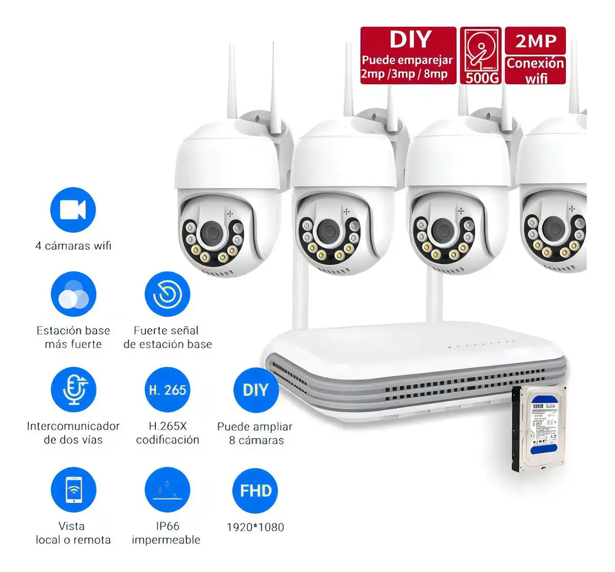 4 sistemas de monitoramento WiFi sem fio de 2 MP, cor branca Nvr de 8 canais