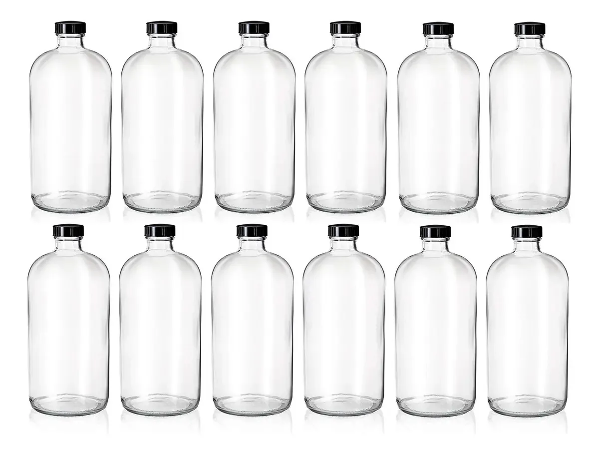 Conjunto de garrafas de vidro transparente Boston 350 garrafas de cerveja de 907 ml para kombuchá, kefir e cerveja, policone hermético selado para engarrafamento à prova de vazamentos