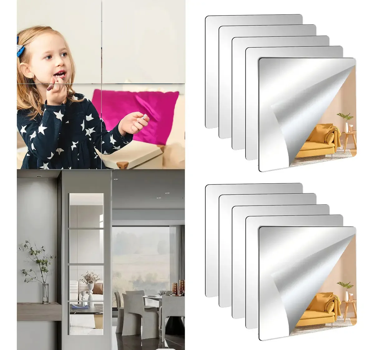 10 peças de espelhos quadrados de corpo inteiro, 20* 20 cm, material acrílico. Espelhos de parede decorativos para decoração de banheiro, sala de estar, quarto de aluguel de quarto, academia,...