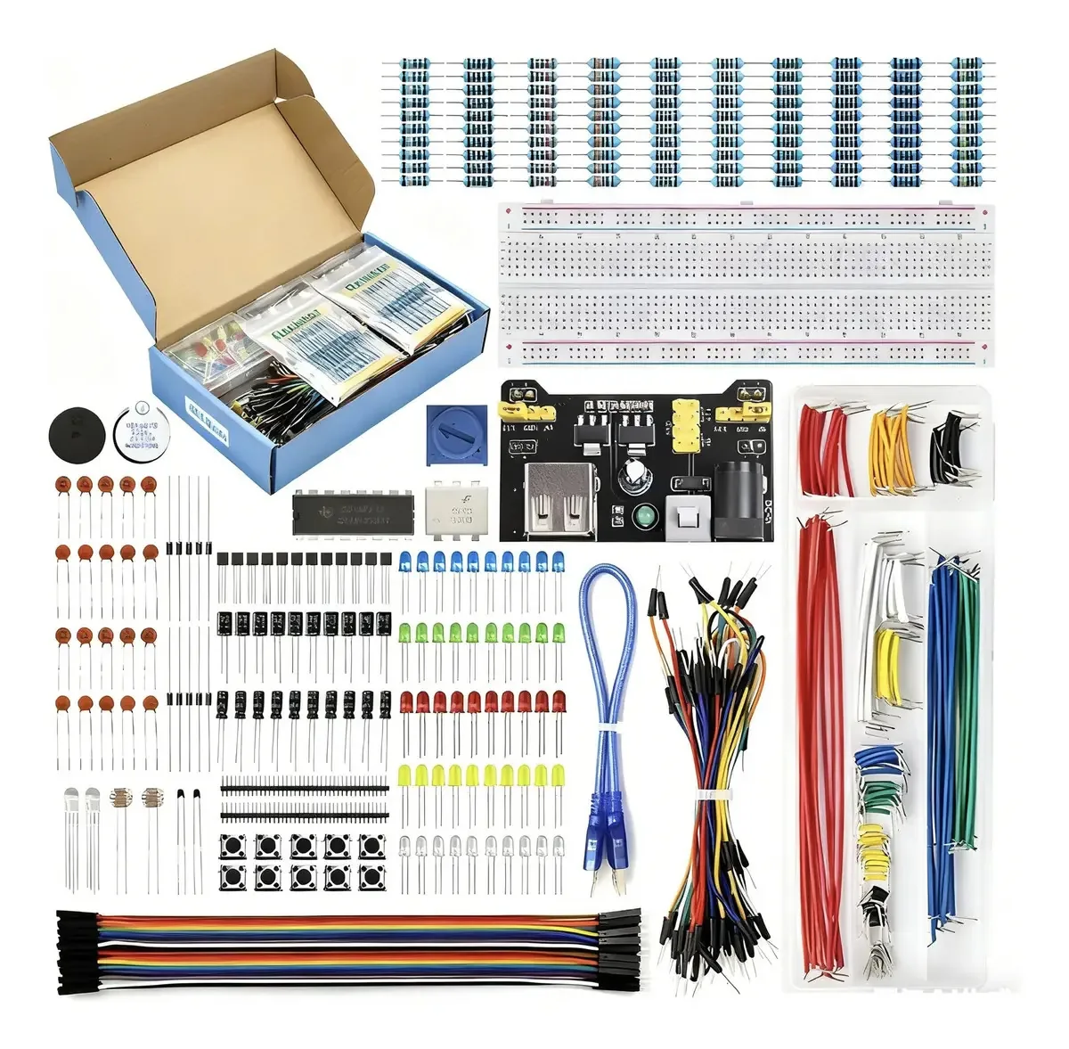 Kit de componentes eletrônicos Briofox® com módulo de fonte de alimentação, cabo de ponte, placa de ensaio de 830 pontos de conexão, potenciômetro de precisão, resistor compatível com Arduino,...
