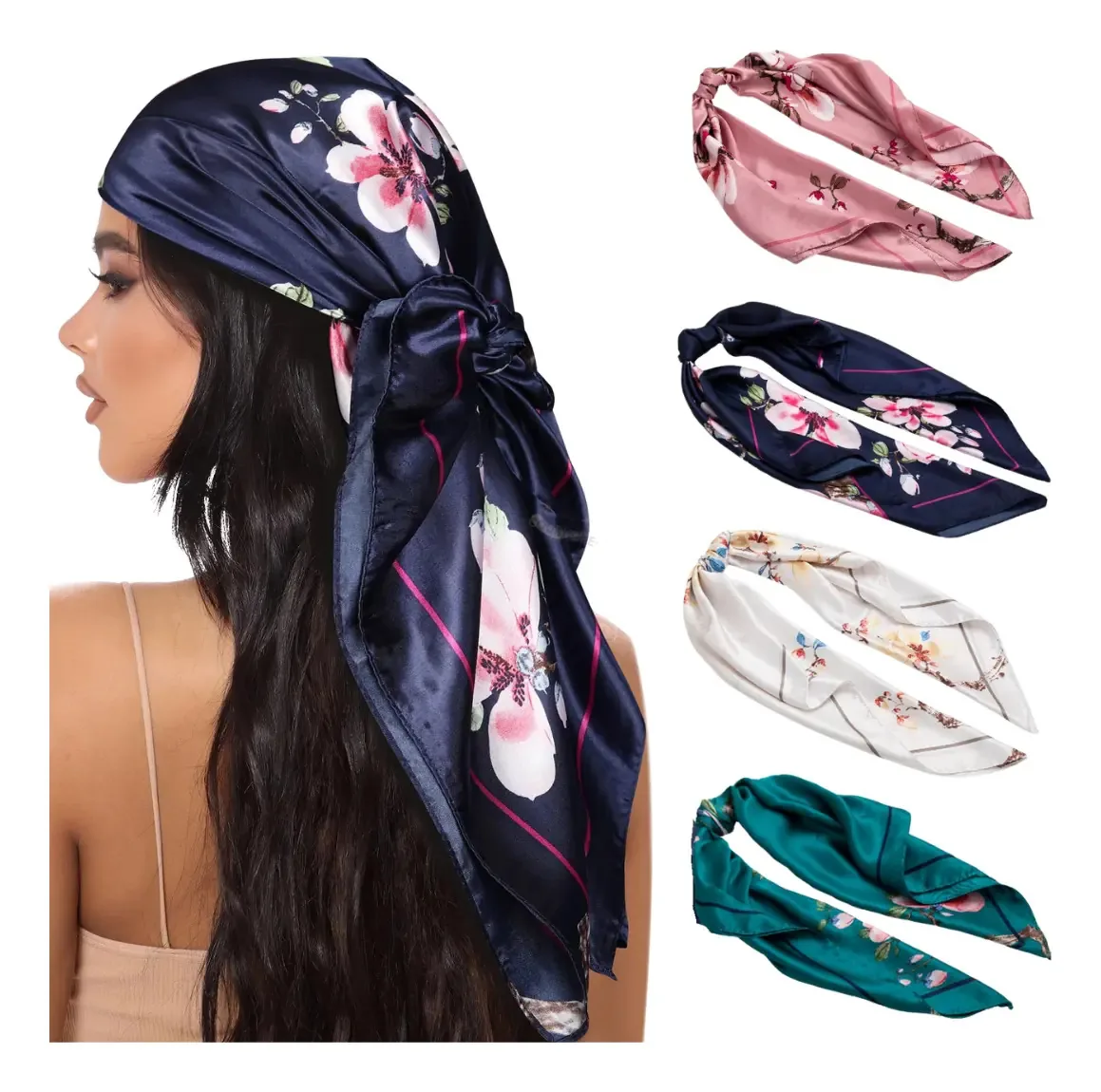 4p Lenços Femininos, Lenços de Seda Imitação, Capuzes, Xales Azul Escuro-Rosa- Bege-Verde Azulado