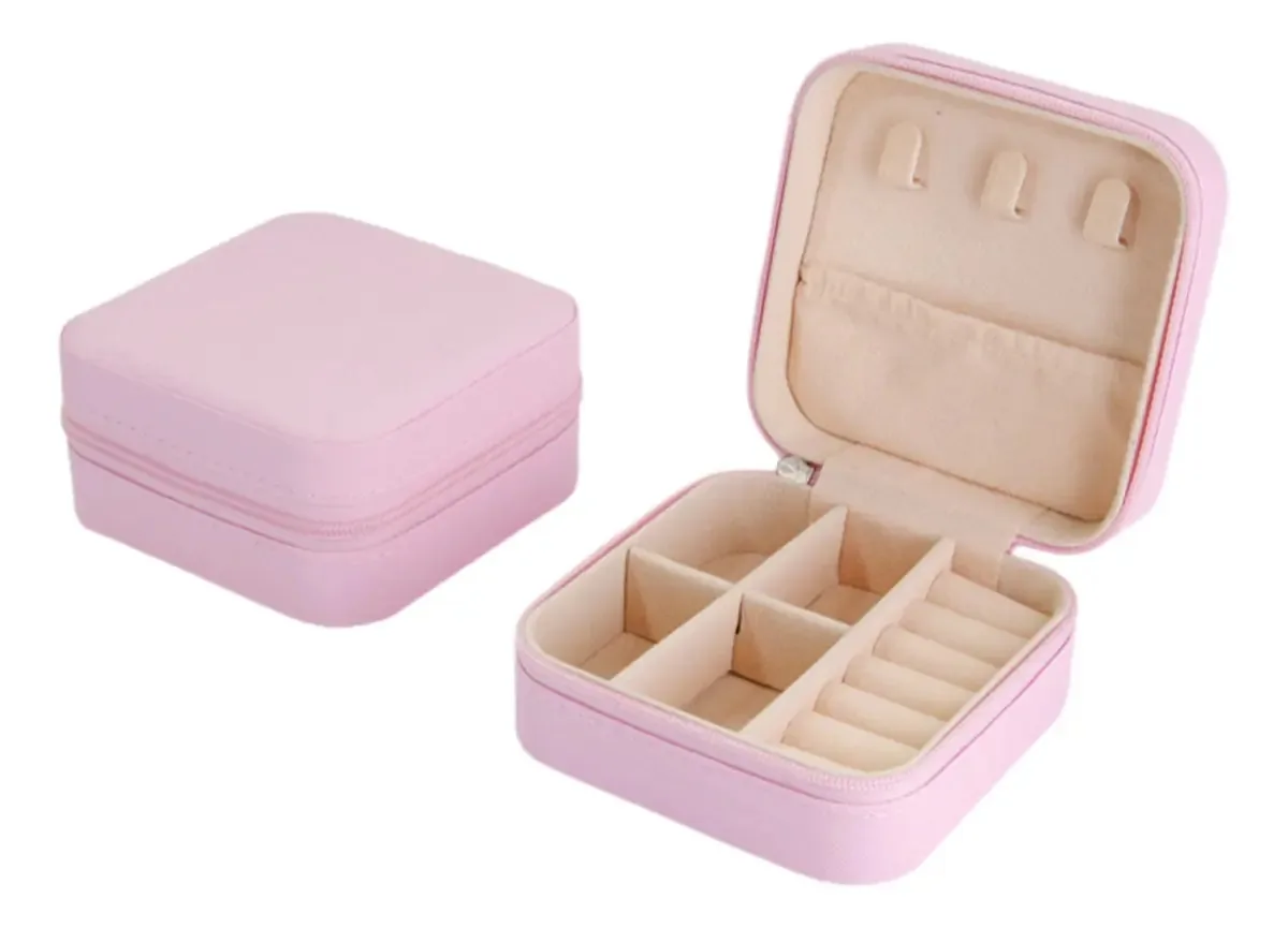 Caixa de joias de viagem portátil de 2 peças para joias e colares, cor rosa escuro