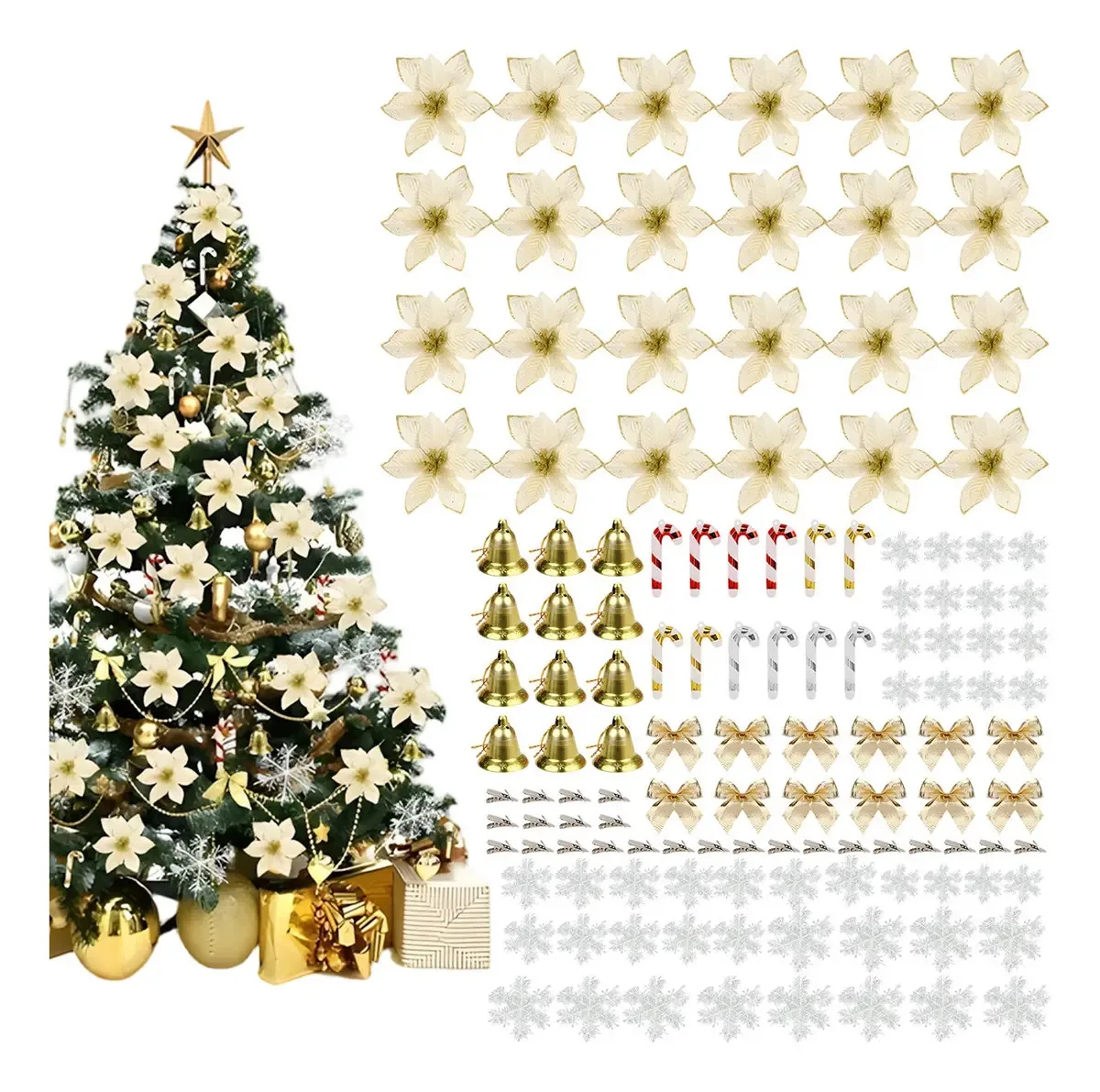 Conjunto de 120 peças de enfeites de flores artificiais para véspera de Natal — decoração ideal para árvores de Natal