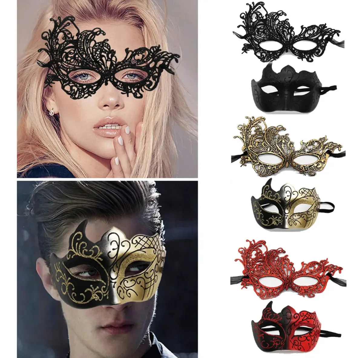 Jdyselect 6 máscaras, máscaras de festa, Halloween, casal, carnaval, cosplay, cor preta