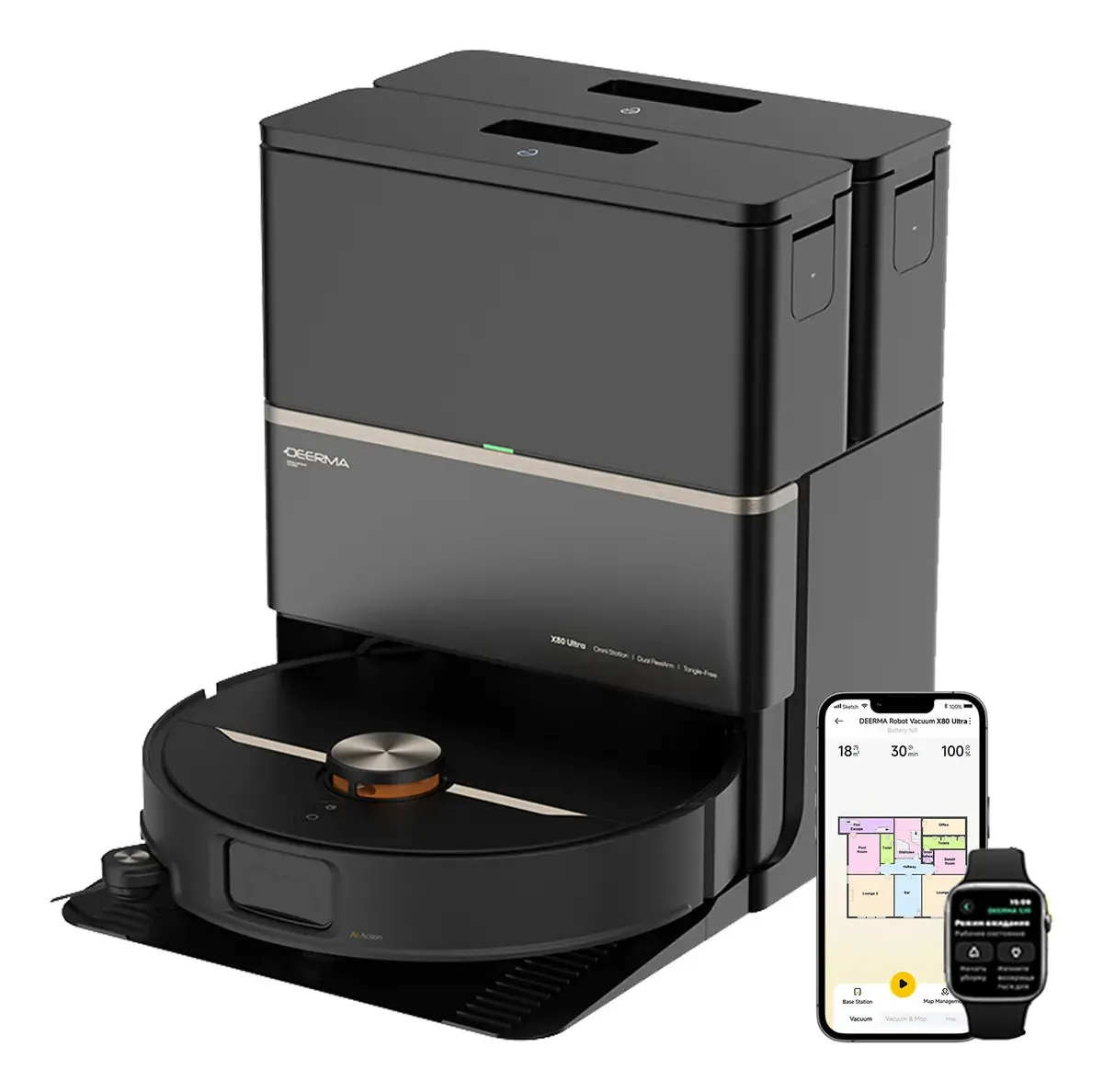 Aspirador e esfregão robóticos inteligentes com 23.000 Pa, esvaziamento automático de 120 dias, lavagem e secagem térmicas a 100 °C, navegação a laser Lidar duplo, braço biônico, escova...