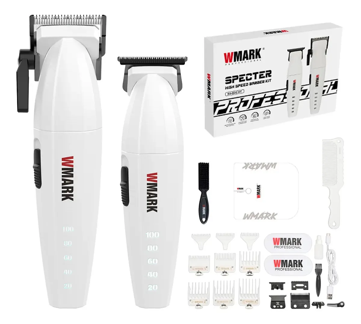 Kit de máquina de cortar cabelo profissional Wmark, máquina de cortar cabelo sem fio para homens com 9 pentes, guia, modelo 8632