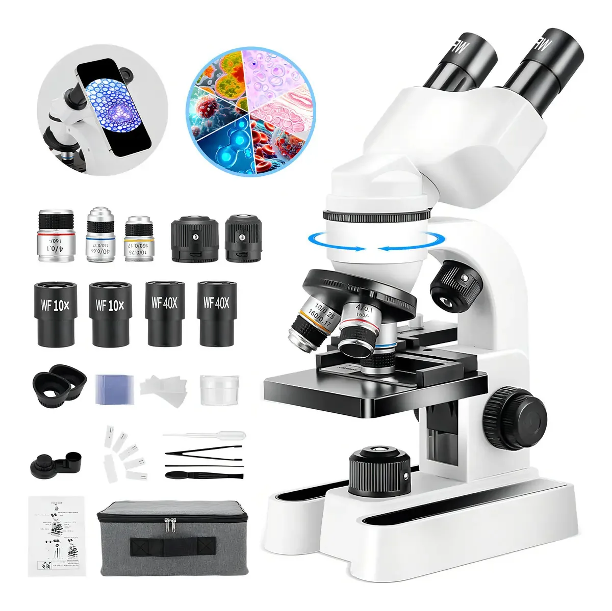 Microscópio binocular LED NPCFFY 40x-1600x com acessórios e placa ajustável