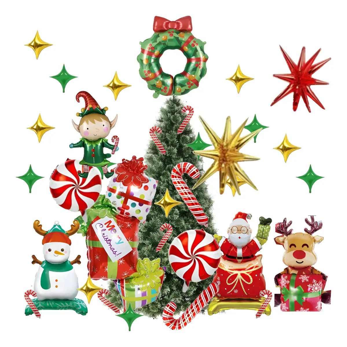 43 balões de Natal, Papai Noel e alce com fitas Balões de Natal multicoloridos