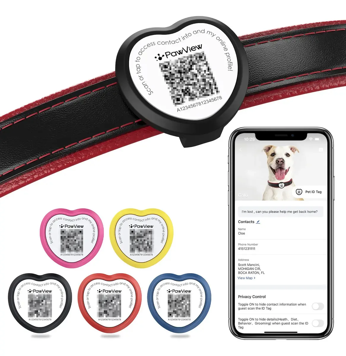 Placa Identificação de Silicone PawView Coração com QR Code para Gatos e Cachorros