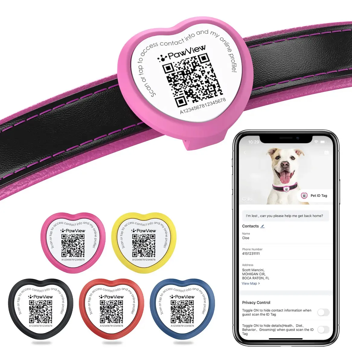 PawView Placa de Identificação para Cães e Gatos, com QR Code em Silicone Rosa Coração