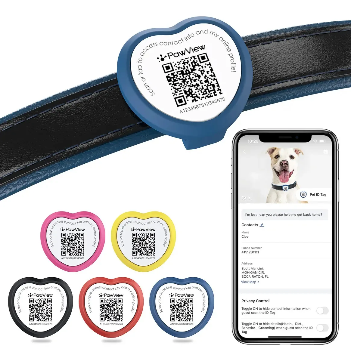 Placa de Identificação Smart PawView para Gato e Cachorro, com QR Code, Coração Azul de Silicone