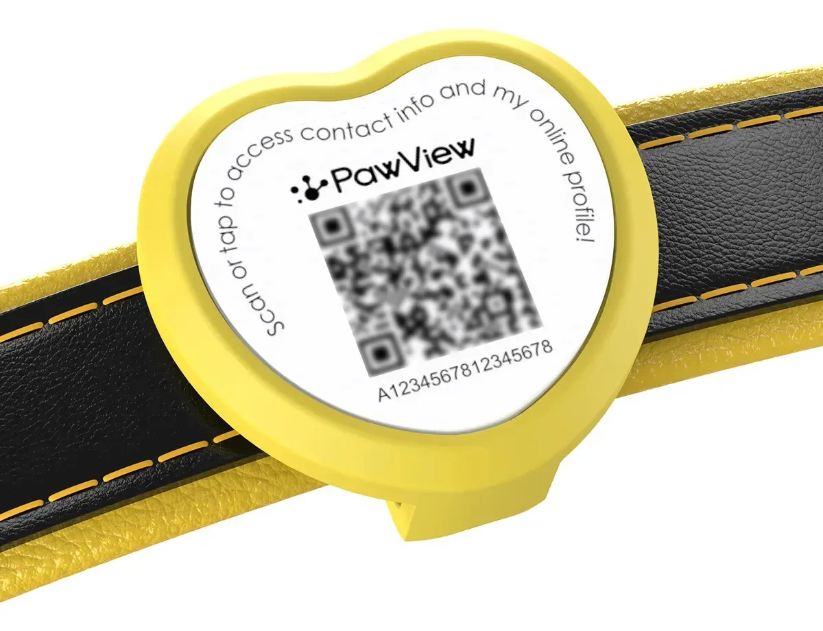 Plaquinha de Identificação Coração Amarelo PawView para Gato e Cachorro com Código QR