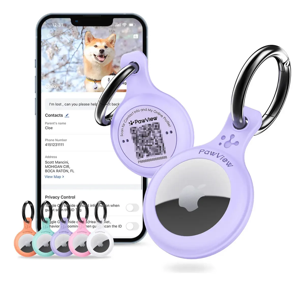 Capa Silicone PawView para AirTag com Chaveiro QR Code e Segurança Anti-Perda Violeta