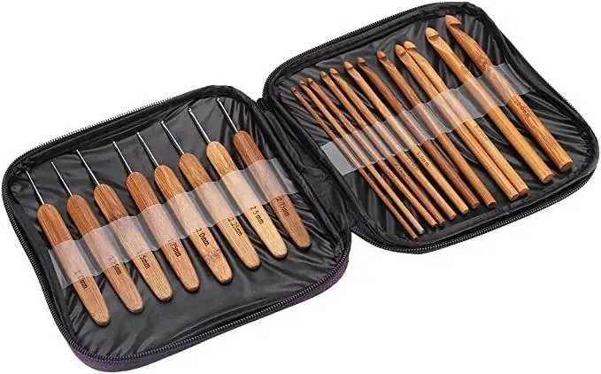 Conjunto de agulhas de crochê de bambu com estojo, agulhas de crochê ergonômicas, alça de bambu, agulhas de tricô feitas à mão, artesanato de tricô, ferramentas de costura DIY