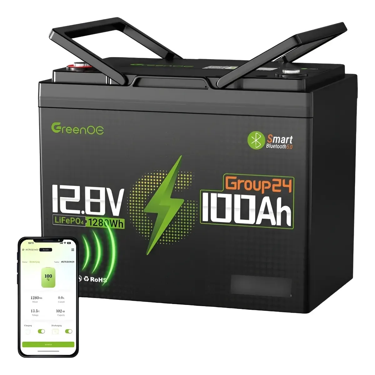 Modelo de bateria 1280wh Lifepo4 Bluetooth Greenoe 12v 100ah