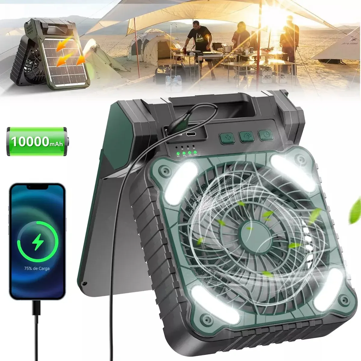 Ventilador de acampamento portátil Hong Ge recarregável com ventilador solar LED, ventilador portátil recarregável