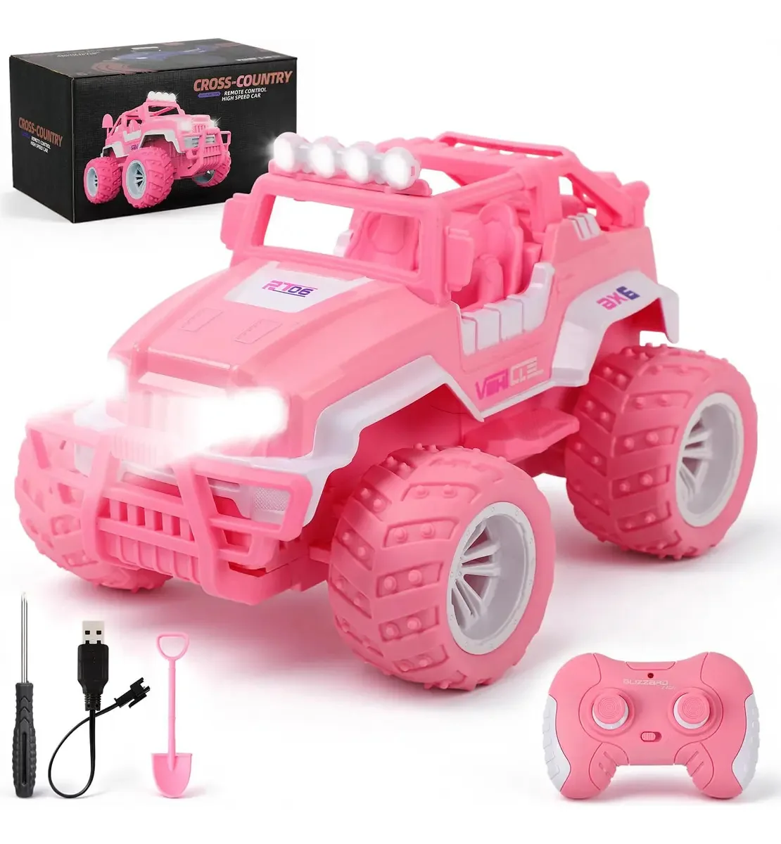 Carro off-road com controle remoto, controle remoto off-road rosa, brinquedo de carro com luzes e controle remoto, carro com controle remoto para crianças, presente de aniversário e Natal para...