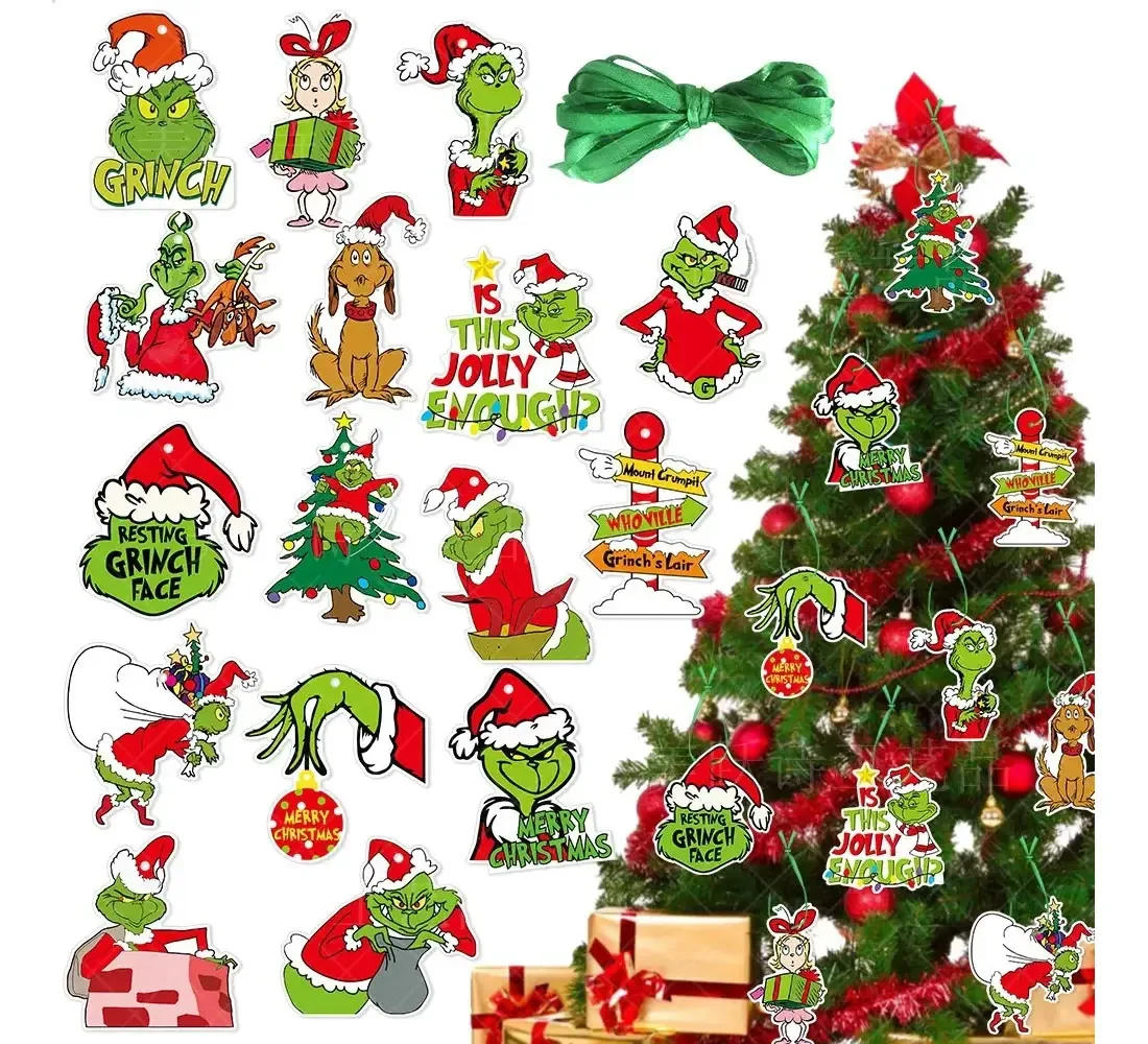 Enfeites de Natal Grinch 32 peças — Enfeites de árvore de Natal pendurados — Decoração verde Grinch — Inclui 16 designs diferentes