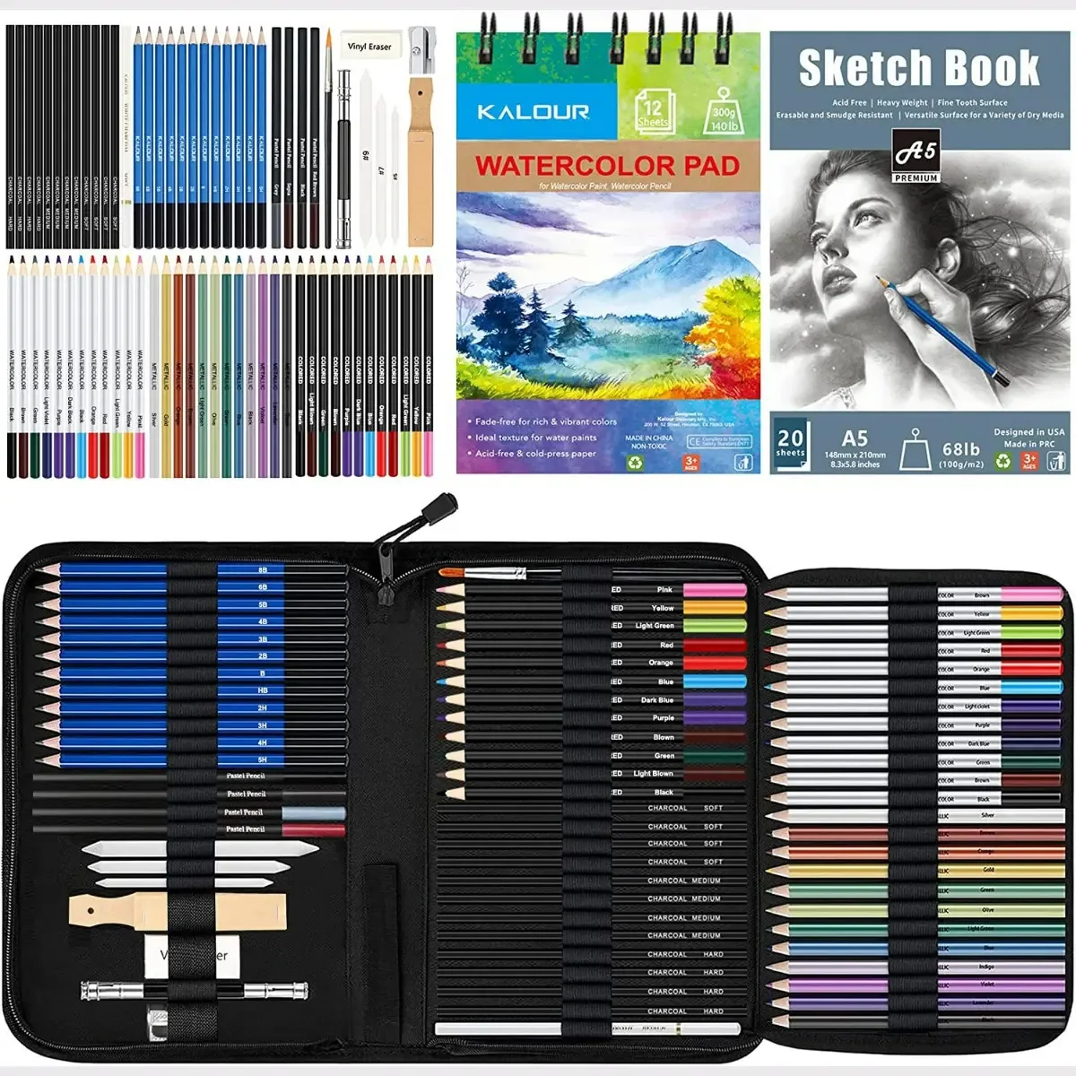 Kit de 76 lápis de desenho e desenho com acessórios