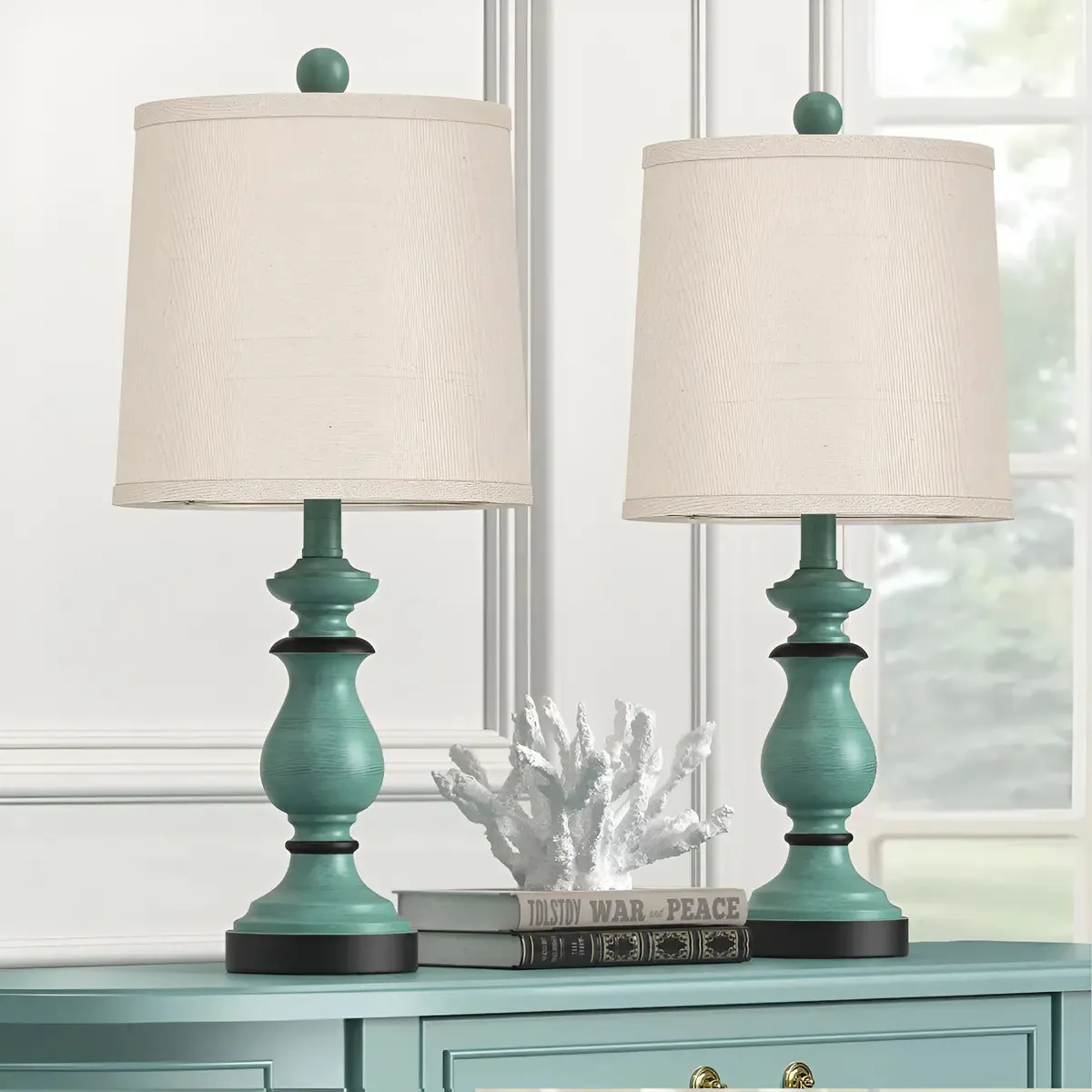 2 luminárias de mesa de escritório, luminárias de cabeceira de quarto com estrutura verde antiga